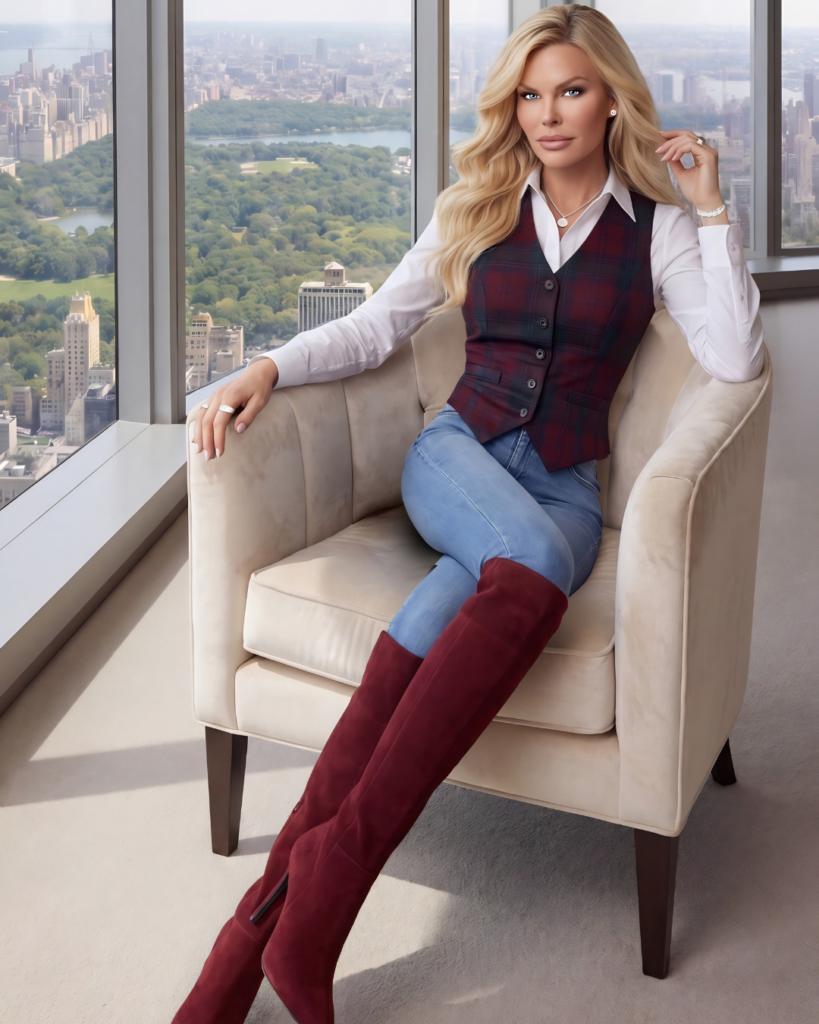 April Masini is wearing a white collared button-down shirt under a maroon plaid vest, paired with blue skinny jeans and tall burgundy over-the-knee boots. She is sitting on a beige armchair and posing in front of floor-to-ceiling windows overlooking Central Park and the city skyline