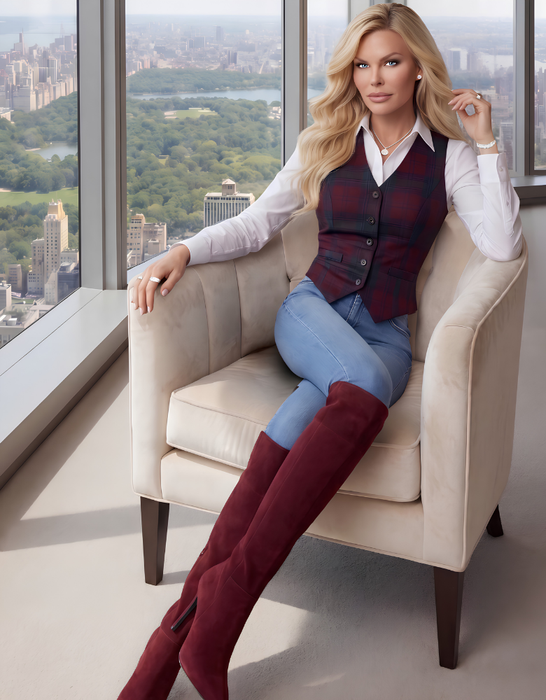 April Masini is wearing a white collared button-down shirt under a maroon plaid vest, paired with blue skinny jeans and tall burgundy over-the-knee boots. She is sitting on a beige armchair and posing in front of floor-to-ceiling windows overlooking Central Park and the city skyline.
